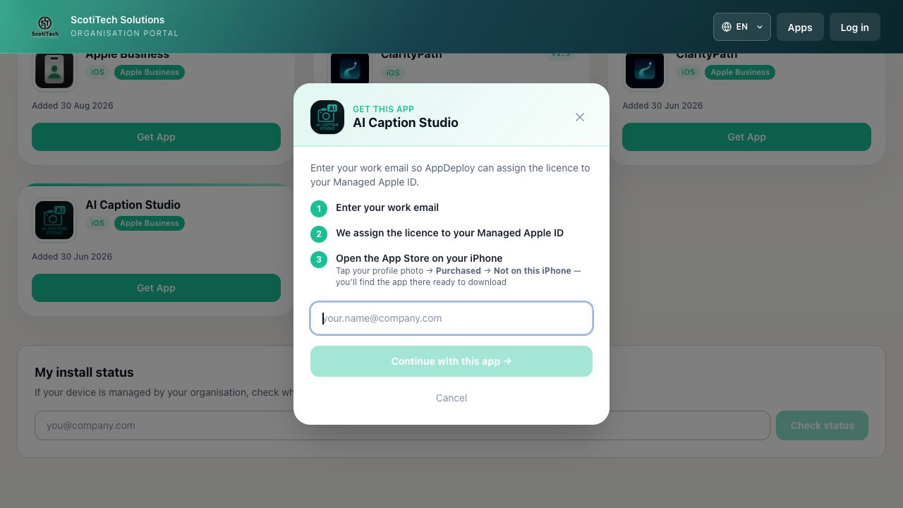 Live Vamiq installation guide for AI Caption Studio: enter a work email, assign an Apple licence and download from App Store purchases.